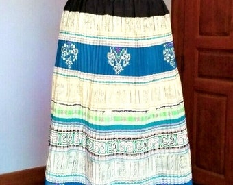 Vintage Skirt Blue & White Hemp Batik stitched Hmong Embroidered 100% Handmade