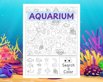 Juego de buscar y encontrar en el acuario: Página para colorear imprimible para niños (PDF)