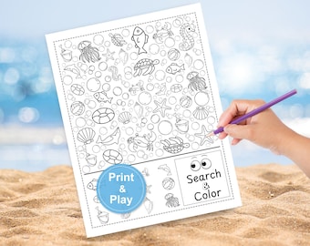 Juego de buscar y encontrar en la playa para niños: Actividad para colorear imprimible (Descarga en PDF, tamaño carta estadounidense)