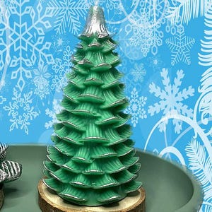 Christmas Soy Candle shaped like a Tree, 4 &quot; tall, Handmade, Silver Decor, Holiday Present, Green Candle, Scented, Unscented, Perfect Gift