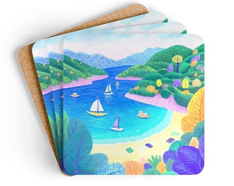 PURPLE BAY 2 - Set of 4 Coastal Coasters, Cork Backed, Beach House Decor, Ocean Art Gift