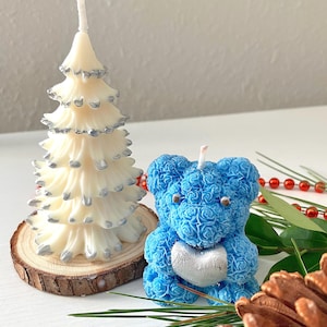 Handmade Soy Christmas Candle Set: Tree & Bear with Silver Decor