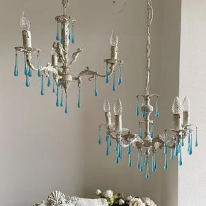 Set of two petit chandeliers ornate solid brass ivory vintage Italian chandeliers with aqua crystal drops