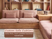 Salmon coloured cotton and linen sofa cushions, extra thick cushions, bench cushions, available in a wide range of colours, sofa cushions.