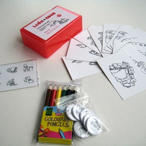 Mini Colouring Kids 2 Sets of Six Cards with Coloured Pencils and Stickers in Mini Box Aircraft or Machines image 2