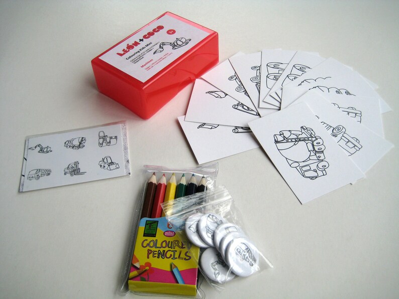 Mini Colouring Kids 2 Sets of Six Cards with Coloured Pencils and Stickers in Mini Box Aircraft or Machines image 2