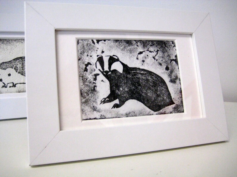 Badger Black and White Framed and Mounted Linocut image 1