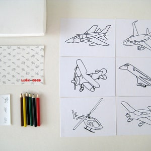 Mini Colouring Kids 2 Sets of Six Cards with Coloured Pencils and Stickers in Mini Box Aircraft or Machines image 3