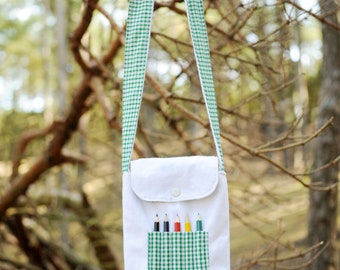 White and Green Gingham Colouring Bag with Pencils 1-5 Years