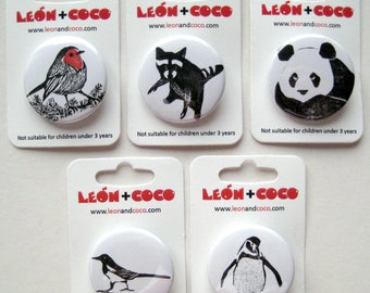 38mm Round Pinback Buttons - 7 Animal Designs