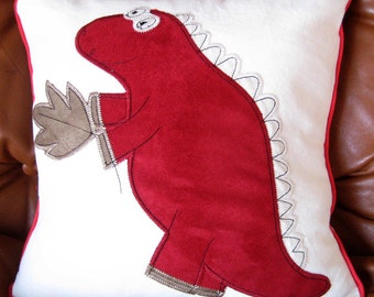 Last one available: Red Dinosaur Childrens Nursery Pillow Case / Dinosaur Applique Cushion Cover