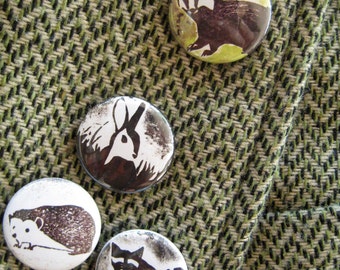 Set of Four Pinback Buttons - Grass- & Woodland Animals OR Cheeky Favourites