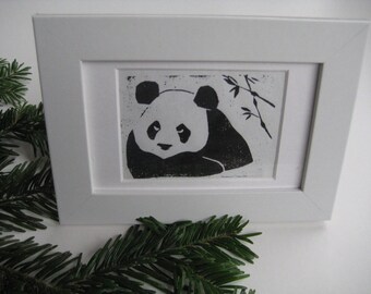 PANDA WITH BAMBOO - Black and White Linocut