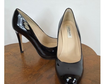 Vintage LK Bennett London Black Patent Leather Round Toe Stiletto Heels Size 8