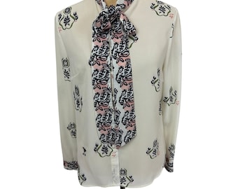 Vintage Christian Dior Cream Multicolored Floral Silk Blouse Tie Collar M