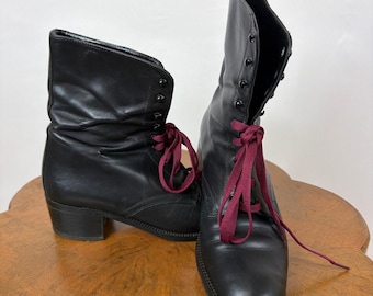 VINTAGE Charles David Nathalie M Black Leather Lace Up Ankle Boots 9 5 Spain