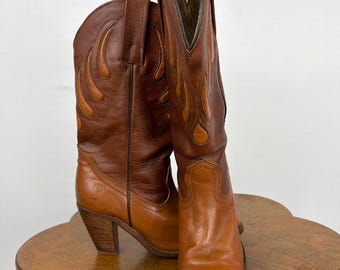 Frye Made in the USA Caramel Brown Leather Western Boots Women's Size 7.5