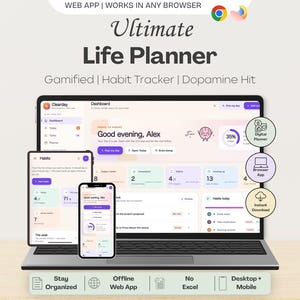 May include: A digital life planner displayed on a laptop, tablet, and smartphone screen. The interface features a dashboard with habit tracking, task lists, and progress bars in pastel colors. Text includes Ultimate Life Planner, Gamified, Habit Tracker, Dopamine Hit, and Stay Organized.