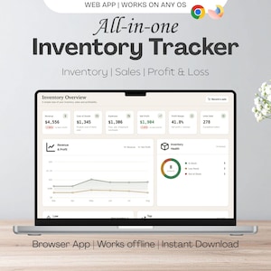 Könnte beinhalten: Ein Laptop zeigt ein All-in-one Inventory Tracker Web-App-Dashboard mit Kennzahlen für Umsatz, Warenkosten, Ausgaben, Nettogewinn, Gewinnspanne und verkaufte Einheiten. Der Bildschirm zeigt eine Bestandsübersicht mit Diagrammen.