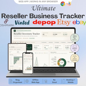 Pode incluir: Um rastreador de negócios de revenda digital exibido em um laptop, tablet e smartphone. A interface mostra inventário, vendas e métricas de lucro com gráficos. Texto: Ultimate Reseller Business Tracker, Poshmark, Vinted, Depop, Etsy, eBay.