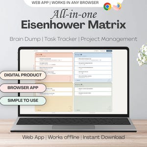 May include: A laptop screen displaying an All-in-one Eisenhower Matrix web app with four colored quadrants for task management. Text overlays include Digital Product, Browser App, and Simple to Use. The interface features a brain dump, task tracker, and project management tools.