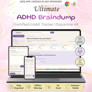Könnte beinhalten: Eine Web-App-Oberfläche mit dem Titel Ultimate ADHD Braindump, dargestellt auf einem Laptop, Tablet und Smartphone. Der Bildschirm zeigt einen spielerischen Gewohnheits-Tracker mit Bereichen für Gedanken, Aufgaben und Belohnungen.