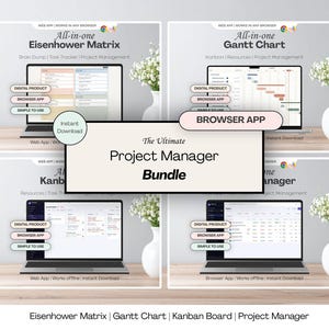 Puede incluir: Un paquete de gestión de proyectos digital que incluye una matriz de Eisenhower, un diagrama de Gantt, un tablero Kanban y una interfaz de gestión en pantallas de laptop. El texto dice All-in-one, The Ultimate Project Manager Bundle.