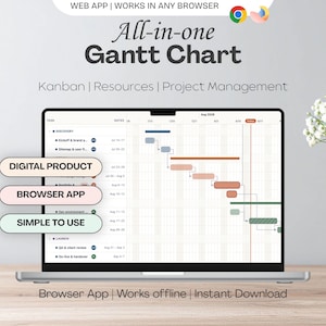 Könnte beinhalten: Ein Laptop-Bildschirm mit einer All-in-One-Gantt-Diagramm-Schnittstelle für das Projektmanagement. Textüberlagerungen umfassen "Digital Product", "Browser App" und "Simple to Use". Der Bildschirm zeigt Aufgabenzeitpläne, Daten und Projektphasen.