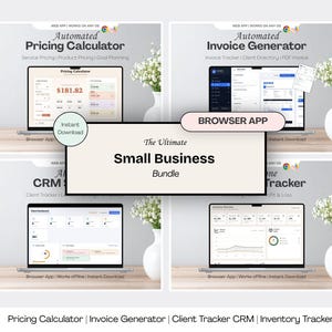 Pode incluir: Um pacote digital com calculadora de preços automatizada, gerador de faturas, CRM e rastreador de inventário. A interface exibe várias ferramentas de gestão empresarial, incluindo painéis financeiros, rastreamento de clientes e geração de faturas.