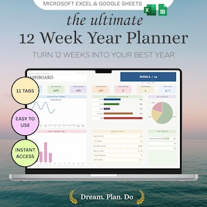 Peut inclure: Un écran d'ordinateur portable affichant un tableau de bord de planificateur 12 Week Year pour Microsoft Excel et Google Sheets. L'interface présente des graphiques, des barres de progression et des tableaux. Trois bulles indiquent 11 TABS, EASY TO USE, INSTANT ACCESS.