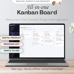 Könnte beinhalten: Ein Laptop zeigt eine All-in-One Kanban-Board-Webanwendung zur Aufgabenverfolgung und Projektverwaltung. Der Bildschirm zeigt Spalten für Ideen, geplante Aufgaben, in Bearbeitung und Kundenprüfung. Textbeschriftungen: DIGITAL PRODUCT, BROWSER APP, SIMPLE TO USE.