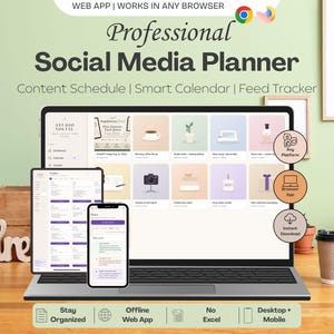 May include: A digital social media planner displayed on a laptop, tablet, and smartphone screen. The interface features a content schedule, smart calendar, and feed tracker with pastel-colored icons. Text includes Professional Social Media Planner.