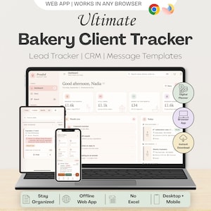 Pode incluir: Um rastreador digital de clientes de padaria exibido em um laptop, tablet e smartphone. A interface apresenta um painel com resumos financeiros e modelos de mensagens. Texto: Ultimate Bakery Client Tracker.