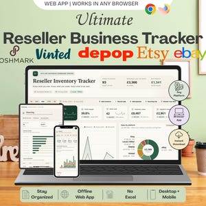 Peut inclure: Un outil de suivi d'activité de revente numérique affiché sur un ordinateur portable, une tablette et un smartphone. L'interface présente des inventaires, des ventes et des marges avec des graphiques. Texte : Ultimate Reseller Business Tracker, Poshmark, Vinted, depop, Etsy, ebay.