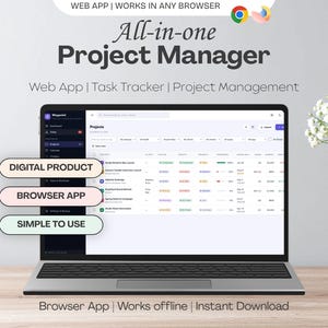 Könnte beinhalten: Ein Laptop zeigt eine All-in-One-Projektmanagement-Web-App-Oberfläche mit Aufgabenverfolgung. Textüberlagerungen umfassen Digital Product, Browser App und Simple to Use, ergänzt durch Browser-Symbole im oberen Bereich des Bildschirms.
