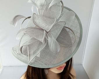 Silver Grey Light Grey Fascinator Hat, Feather Accent, Wedding Occasion Headwear (28cm x 20cm)