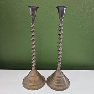 Vintage Pair Tall Brass Twist Spiral Candle Holders 11&quot;