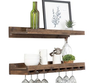 Wall Mounted Wine Rack with Glass Holder – Rustic Wood Stemware Shelf