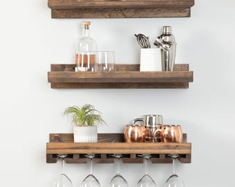 Wall Mounted Wine Rack with Glass Holder,  Rustic Wood Stemware Shelf Set