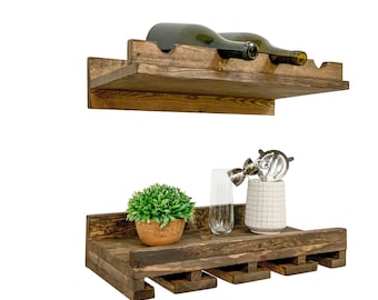 Wall Mounted Wine Rack with Bottle & Glass Holder – Rustic Tiered Shelf Set