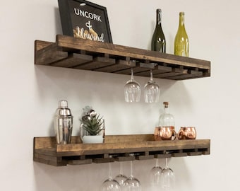 Set of 2 Rustic Pine Wood Wine Racks, Wall Mounted Glass Holder Shelves