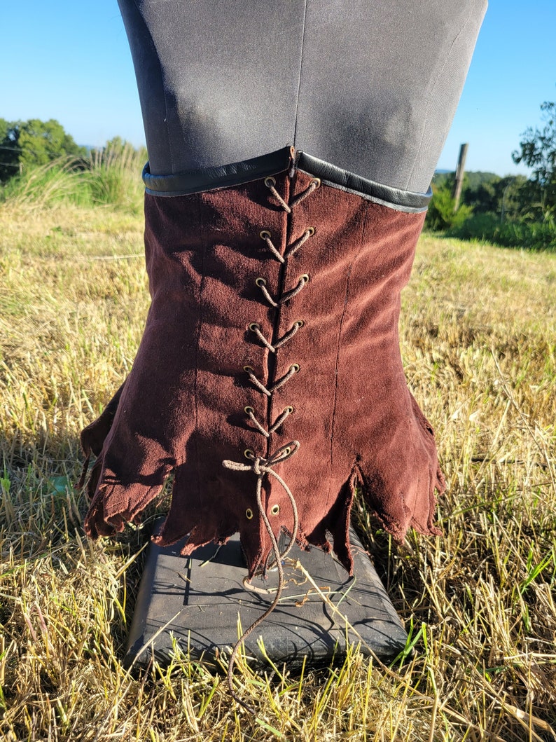 RTS Under Bust Corset brown cotton velvet lace up underbreast corset with black leather trim photo prop image 2