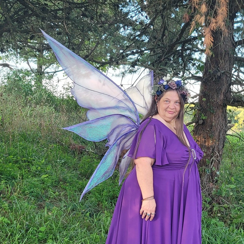 Enchanted Amalthea Purple Fairy Wings, size XL purple iridescent organza satin stitch embroidered ready to ship image 6