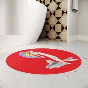 Red Polyester Bath Mat with Enchanted Pride Fairy design, bold art image 3