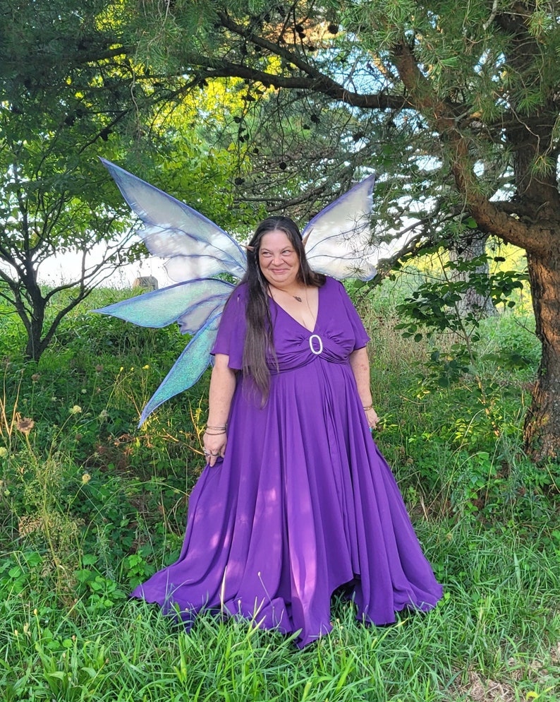 Enchanted Amalthea Purple Fairy Wings, size XL purple iridescent organza satin stitch embroidered ready to ship image 4