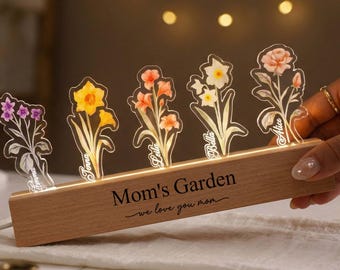 Lámpara de noche personalizada con flores de nacimiento para mamá, lámpara LED floral personalizada para la abuela, regalo para el Día de la Madre, lámpara de noche acrílica con nombres de niños.