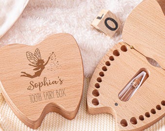 カスタム木製乳歯収納ボックス、刻印入り木製乳歯ボックス、初めての歯の収納、赤ちゃんへの男女兼用ギフト、歯の妖精トレイ、子供へのギフト