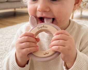 Personalized Baby Teething Rings,Custom Name Silicone Baby Teether,Wooden Ring Sensory Toy,Engraving Silicone Teething Ring,Newborn Gift