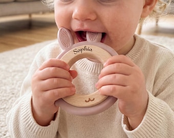 Personalized Baby Teething Rings,Custom Name Silicone Baby Teether,Wooden Ring Sensory Toy,Engraving Silicone Teething Ring,Newborn Gift