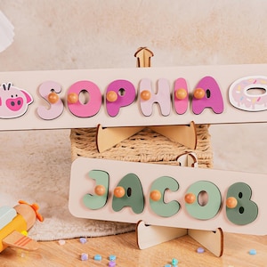 Rompecabezas personalizado, regalo de primer cumpleaños, rompecabezas con nombre, rompecabezas personalizado para niños, regalo para bebé recién nacido, rompecabezas educativo con nombre y animales para niños, juguete de madera